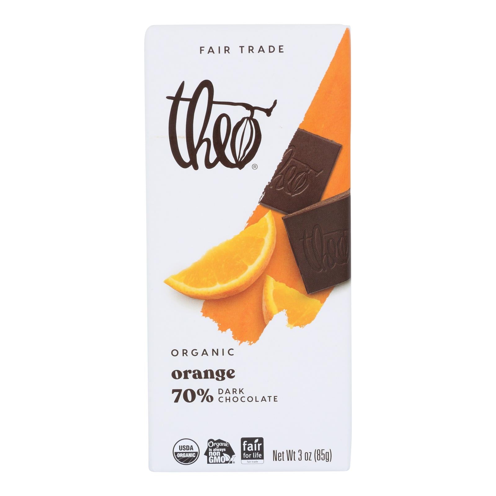 Theo Chocolate Organic Chocolate Bar - Classic - Dark Chocolate - 70 Percent Cacao - Orange - 3 oz Bars - Case of 12