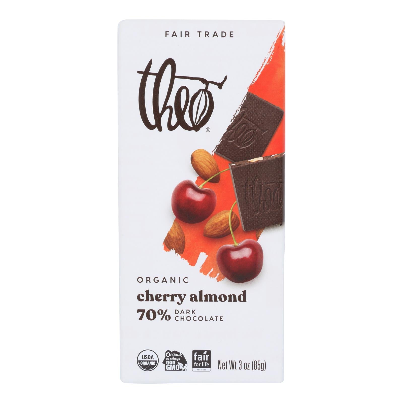 Theo Chocolate Organic Chocolate Bar - Classic - Dark Chocolate - 70 Percent Cacao - Cherry and Almond - 3 oz Bars - Case of 12