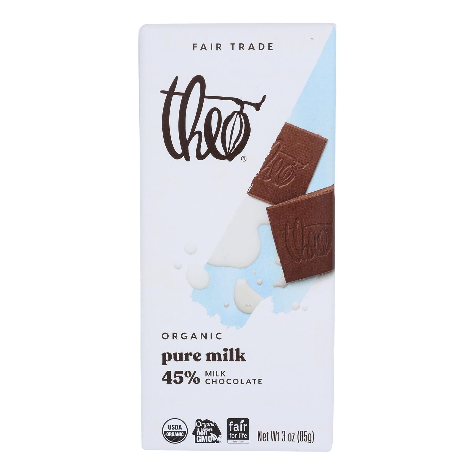 Theo Chocolate Organic Chocolate Bar - Classic - Milk Chocolate - 45 Percent Cacao - Pure - 3 oz Bars - Case of 12