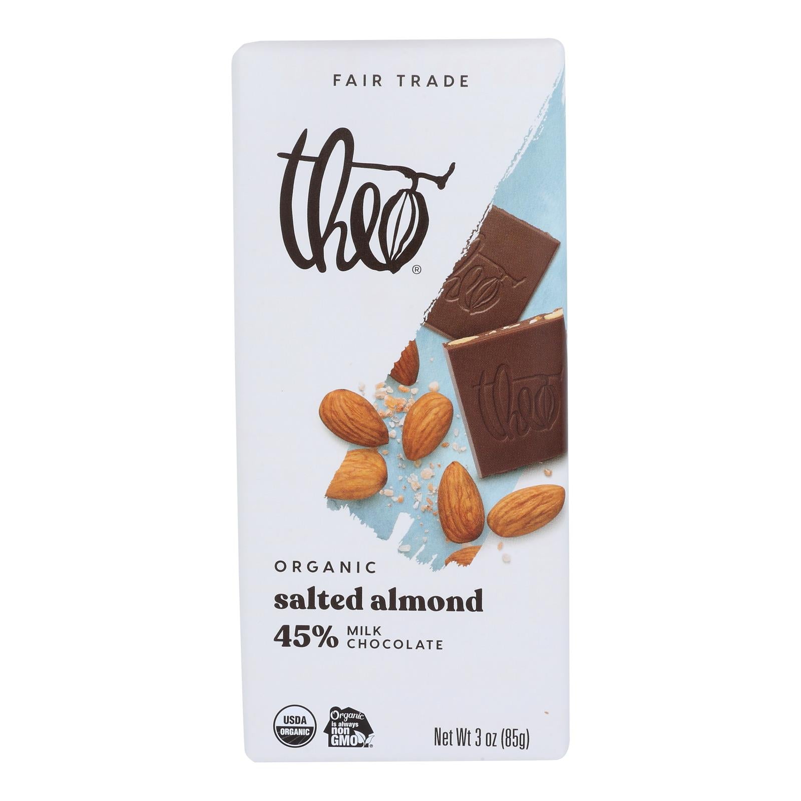 Theo Chocolate Organic Chocolate Bar - Classic - Milk Chocolate - 45 Percent Cacao - Salted Almond - 3 oz Bars - Case of 12