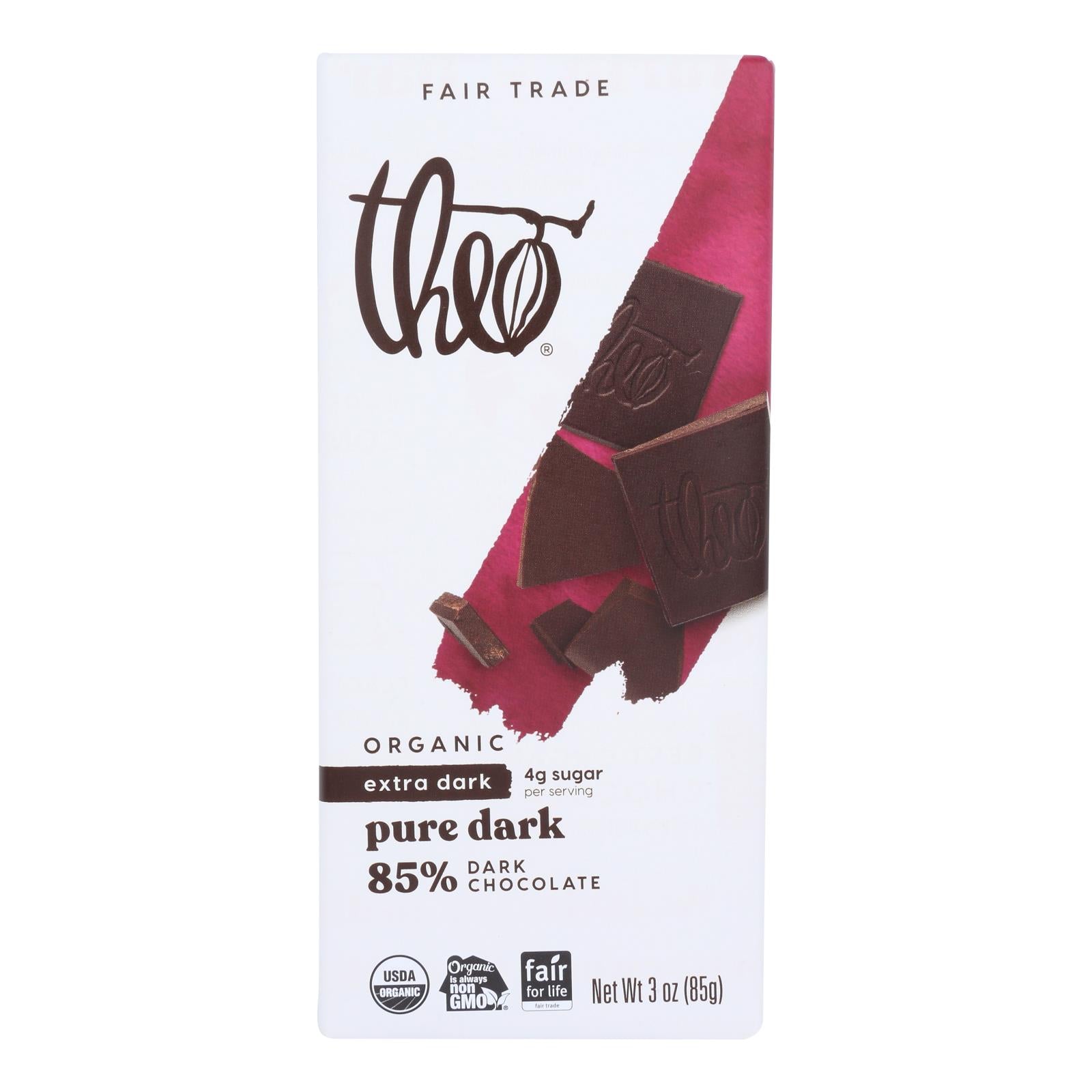 Theo Chocolate Organic Chocolate Bar - Classic - Dark Chocolate - 85 Percent Cacao - Pure - 3 oz Bars - Case of 12