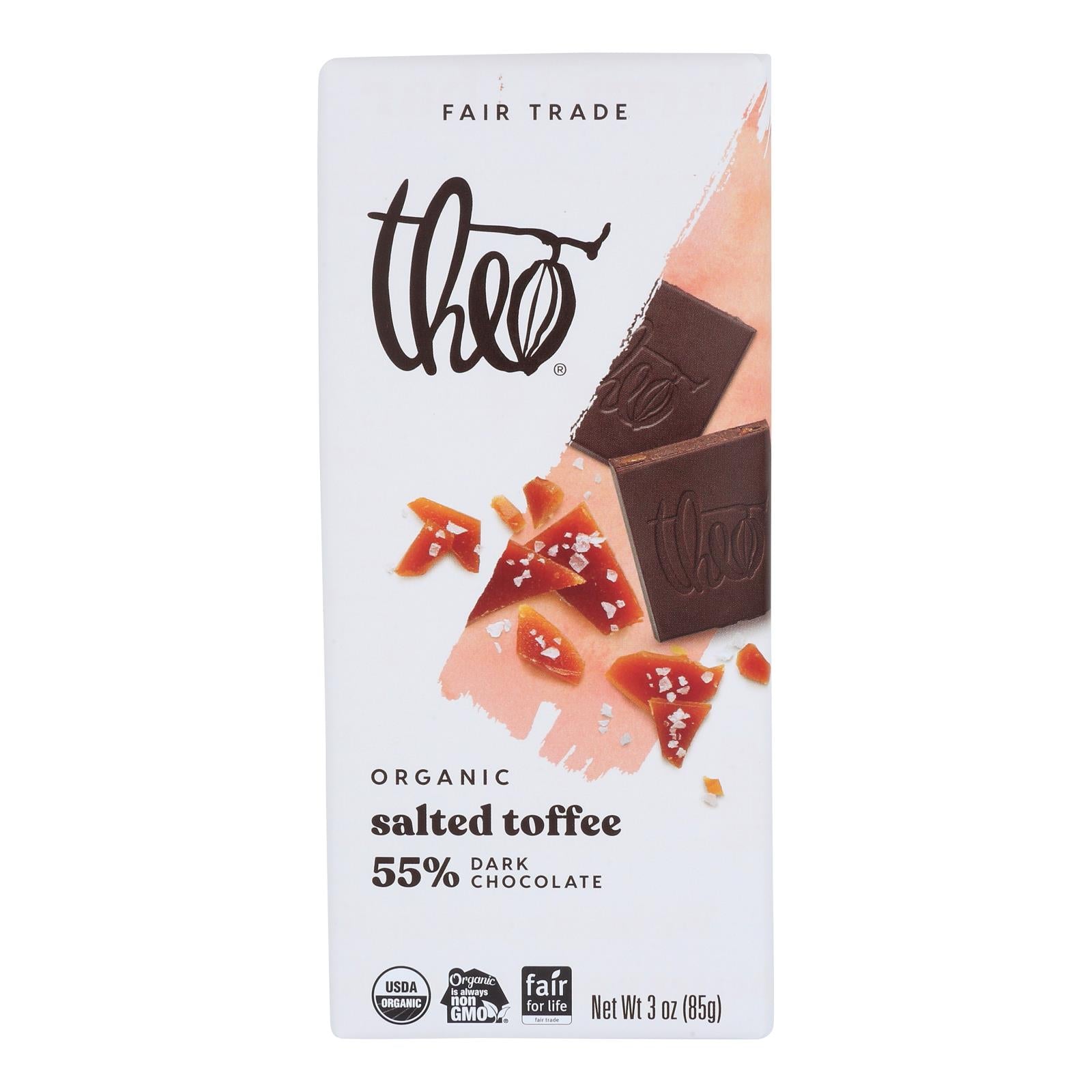 Theo Chocolate Salted Toffee - 55 Percent Dark Chocolate - Case of 12 - 3 oz.