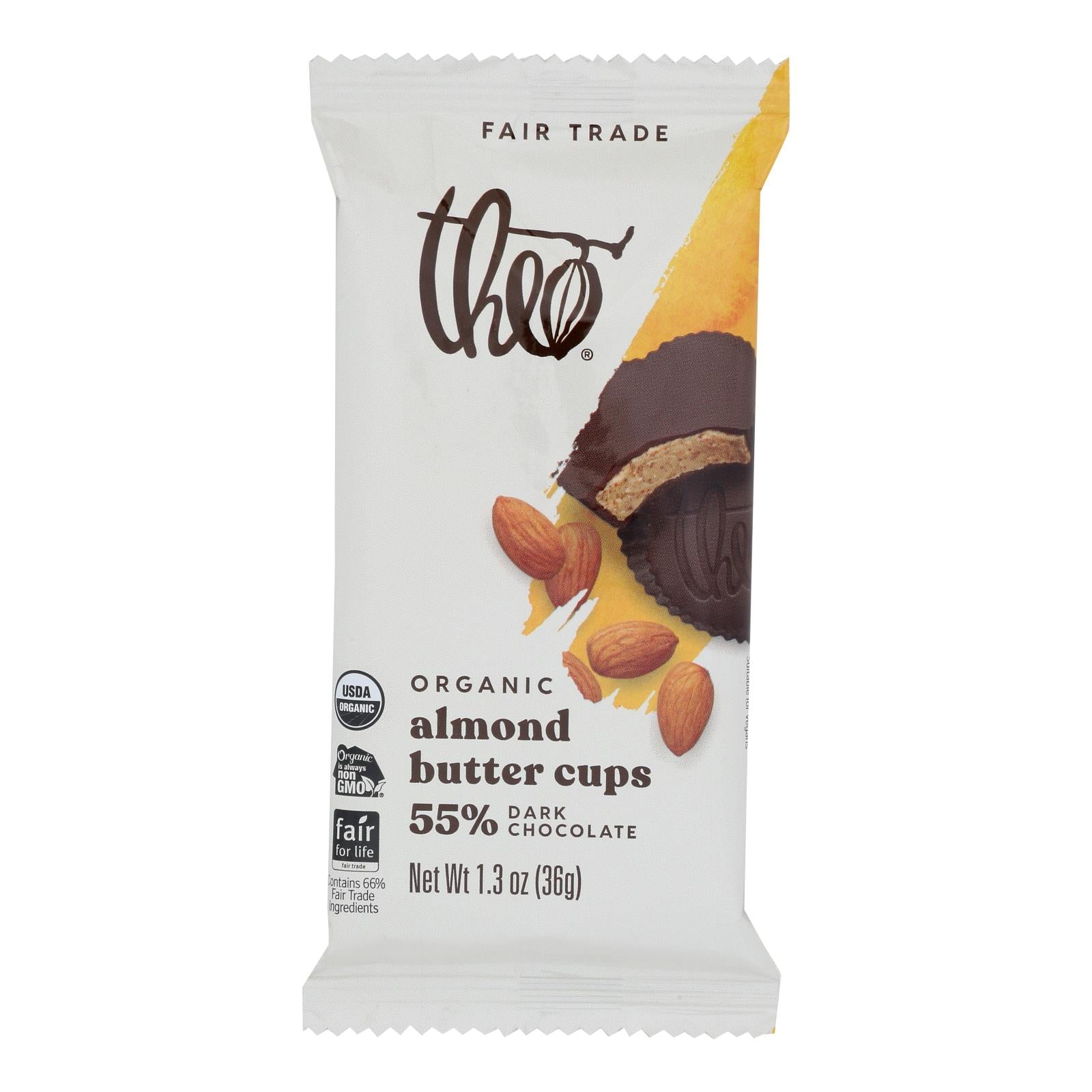 Theo Chocolate Salted Almond Butter Cups - Dark Chocolate - Case of 12 - 1.3 oz.