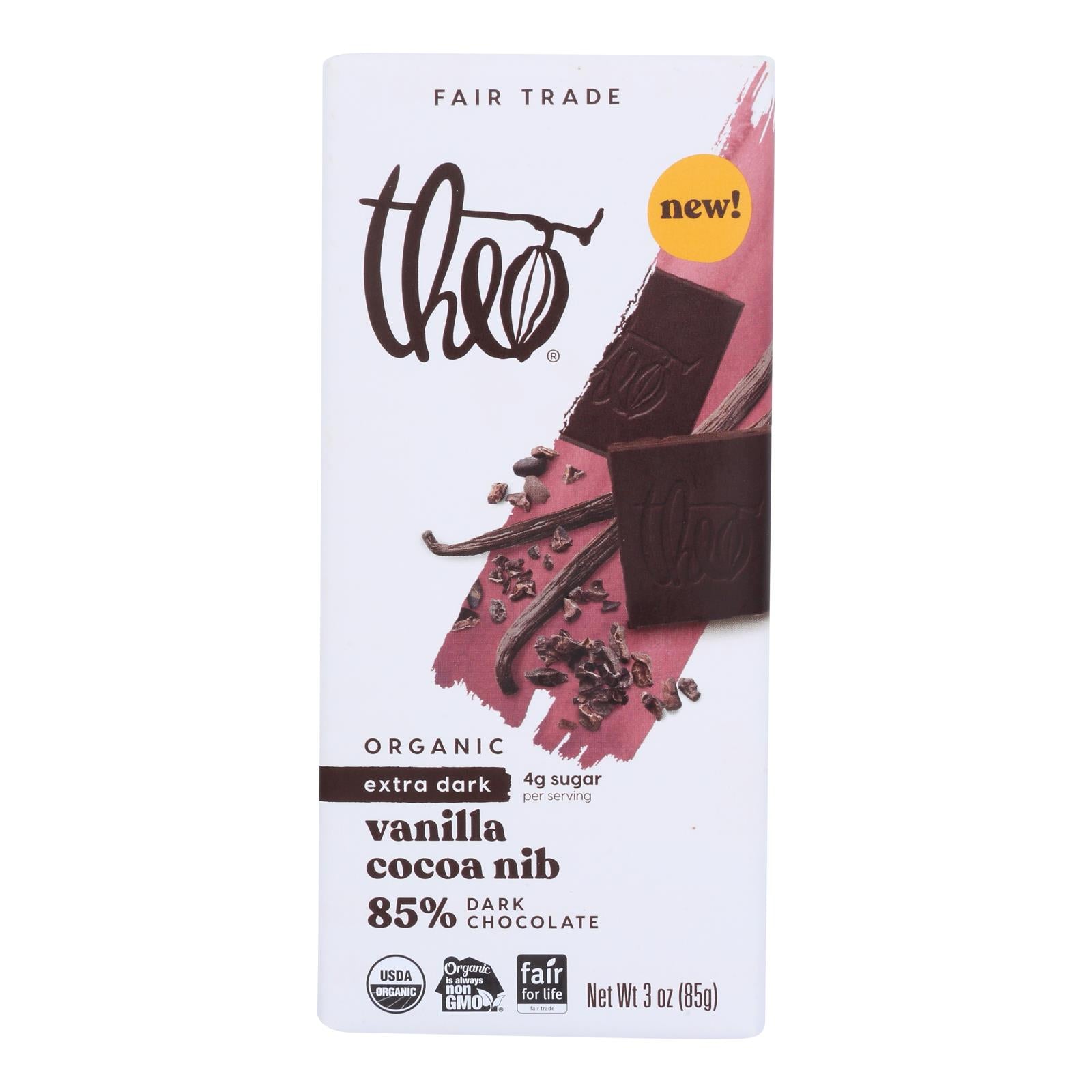 Theo Chocolate - Bar Vanilla Cocao Nib 85% - Case of 12-3 OZ