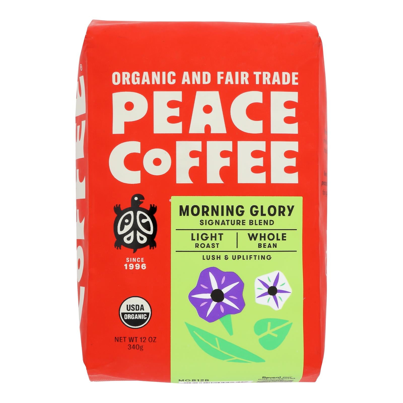 Peace Coffee - Coffee Organic Whole Bean Morning Glory - Case of 6-12 OZ