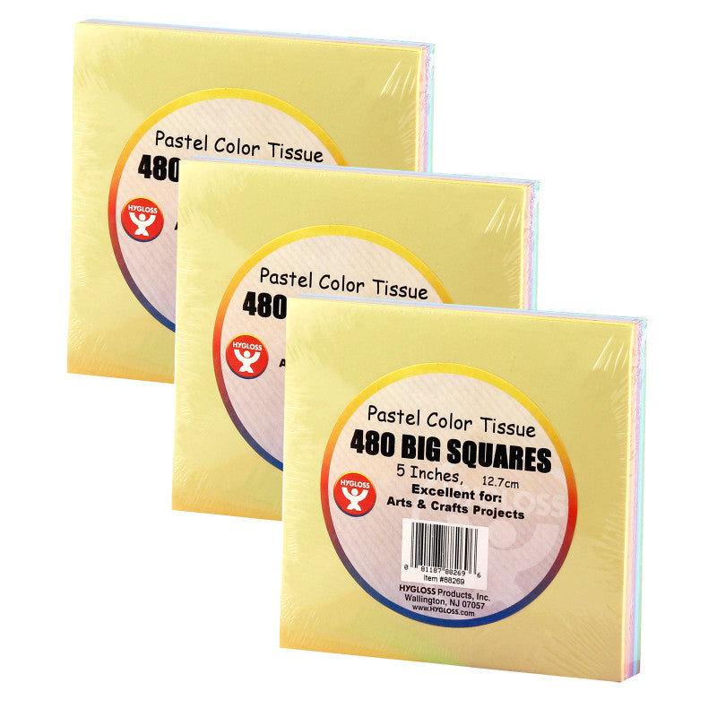 HYGLOSS - 5" Tissue Squares, Pastel Colors, 480 Per Pack, 3 Packs