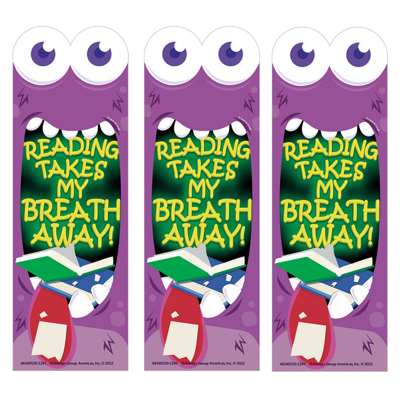 EUREKA - Reading Takes My Breath Away Monster Breath Scented Bookmarks, 24 Per Pack, 3 Packs