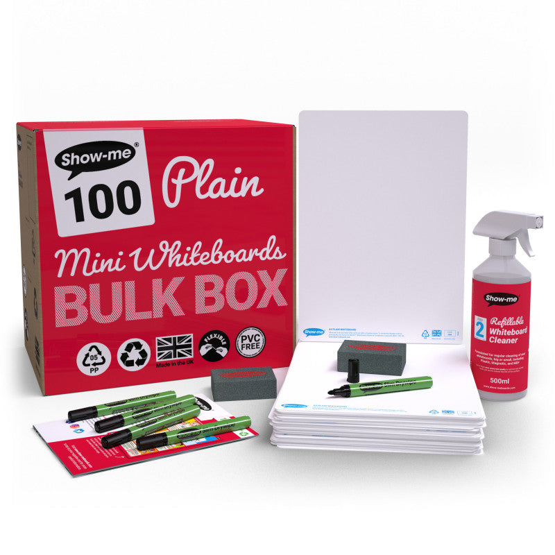 Bulk Box of 100 x Plain/Plain 8" x 12" Whiteboards, with Pens, Erasers, Cleaner