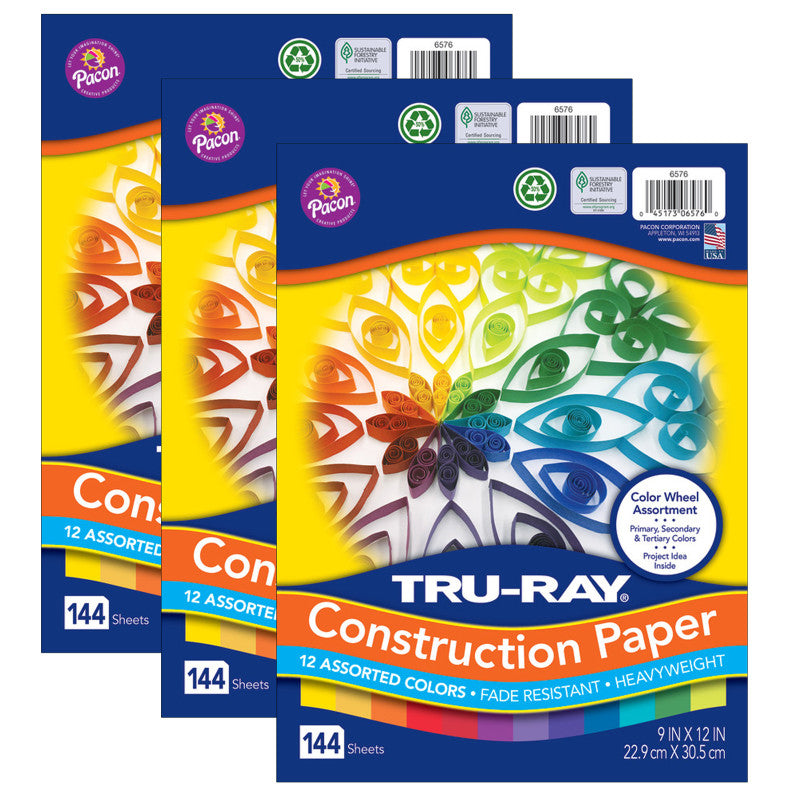 TRU-RAY - Color Wheel Assortment, 12 Vibrant Colors, 9" x 12", 144 Sheets Per Pack, 3 Packs
