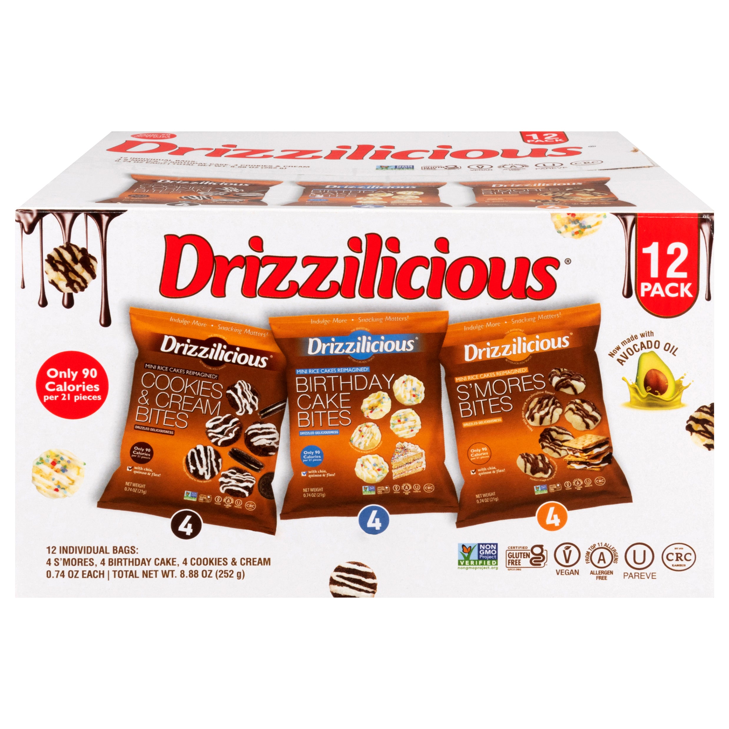 Drizzilicious Cookies & Cream/Birthday Cake/S'Mores Mini Rice Cakes 12 - 0.74 oz Bags - Case of 1