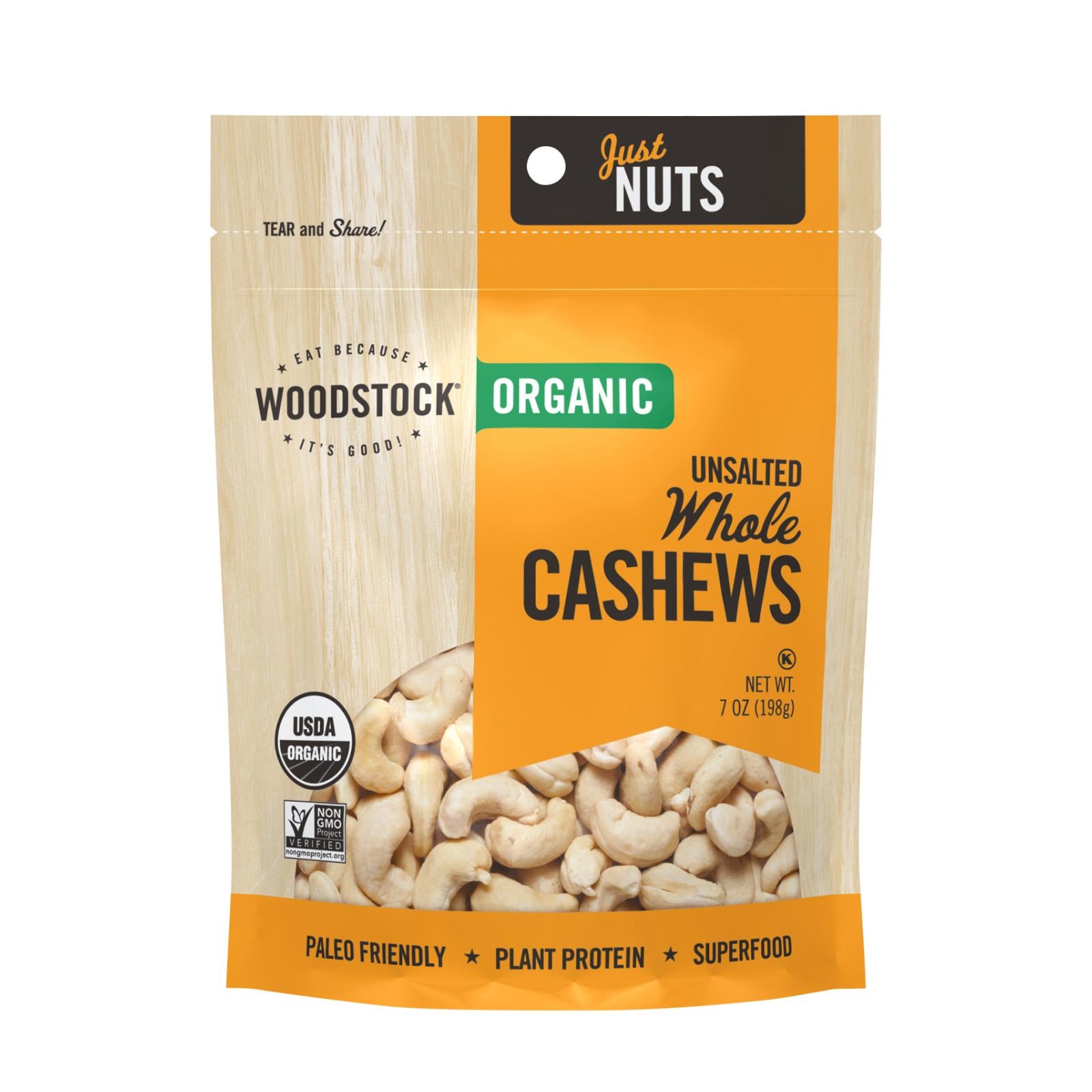 Woodstock Organic Whole Cashews, Unsalted - Case Of 8 - 7 Oz