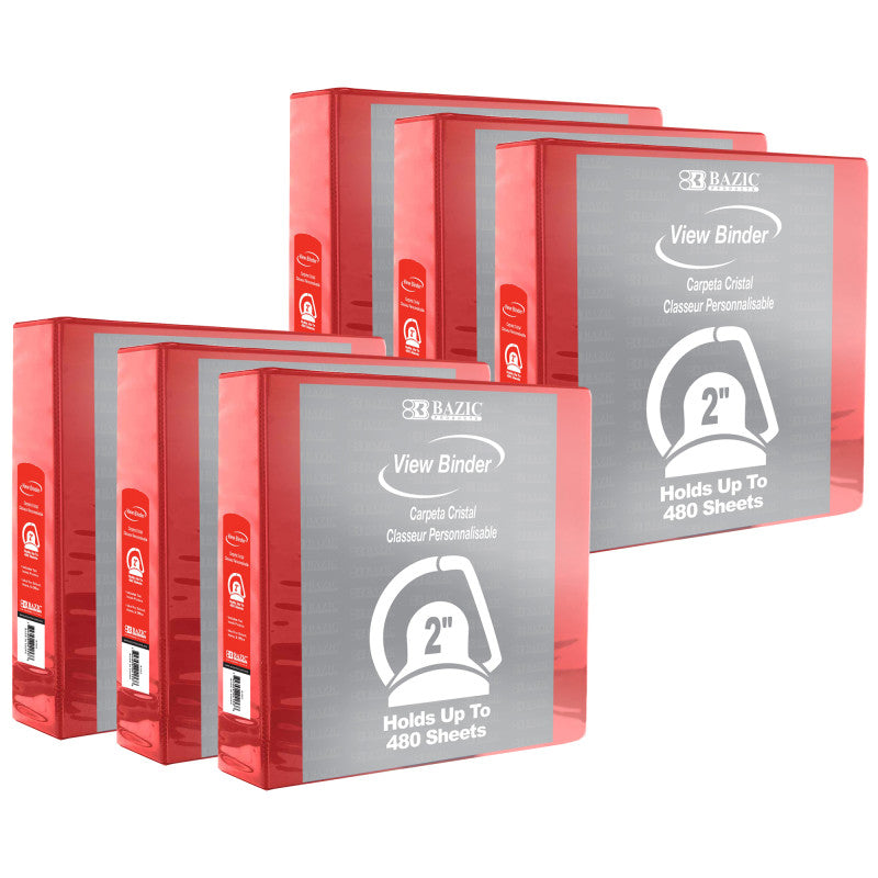 BAZIC PRODUCTS - Slant D Ring View Binder with 2 Pockets, 2", Red, Pack of 6
