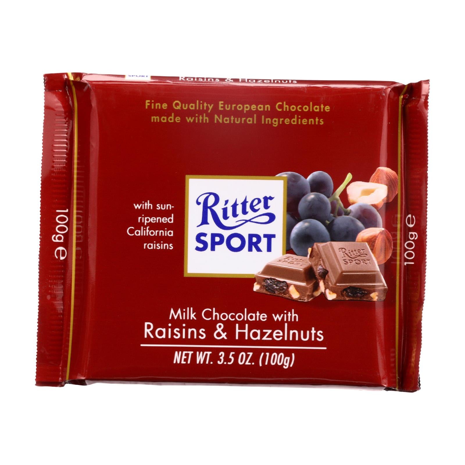 Ritter Sport Chocolate Bar - Milk Chocolate - Raisins and Hazelnuts - 3.5 oz Bars - Case of 12
