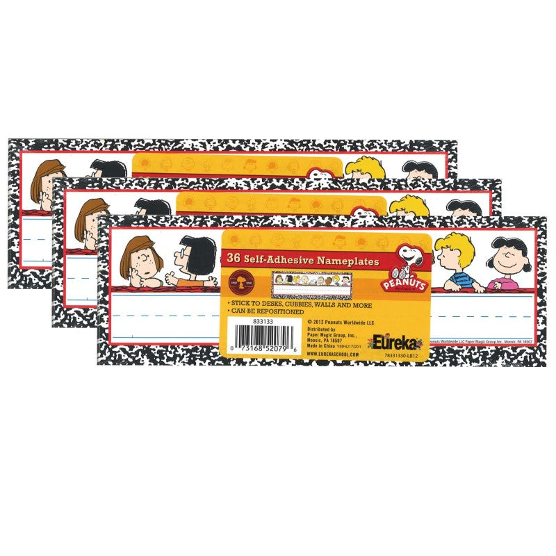 EUREKA - Peanuts® Classic Characters Self-Adhesive Name Plates, 36 Per Pack, 3 Packs