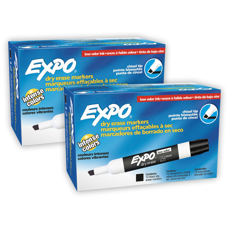 EXPO - Low-Odor Dry Erase Markers, Chisel Tip, Black, 12 Per Box, 2 Boxes