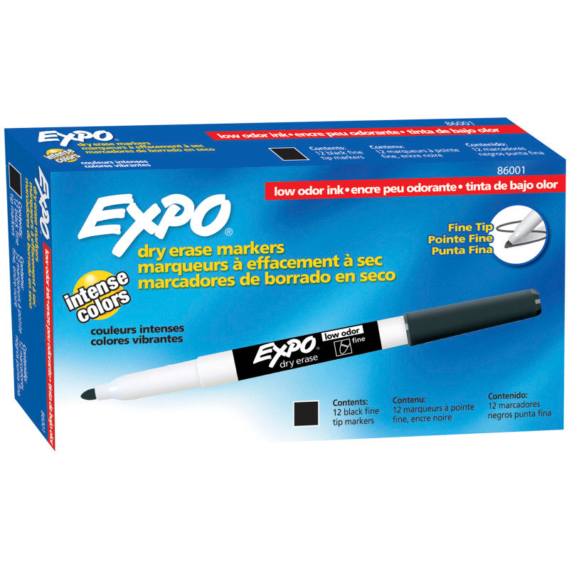 EXPO - Low Odor Dry Erase Markers, Fine Tip, Black, Box of 12