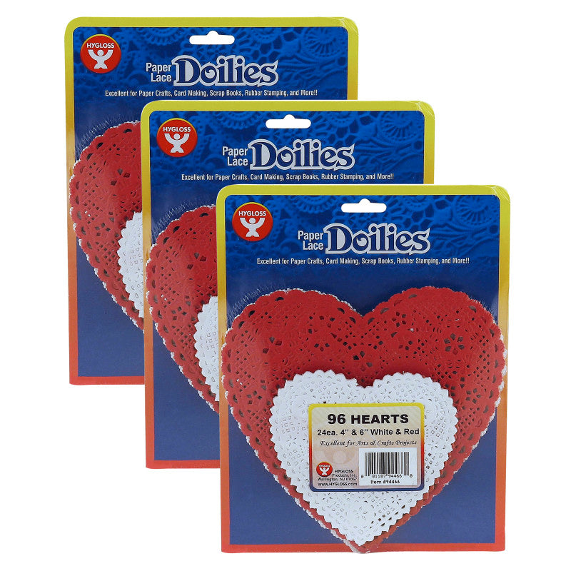 HYGLOSS - Doilies, White & Red Hearts, 4" & 6", 96 Per Pack, 3 Packs
