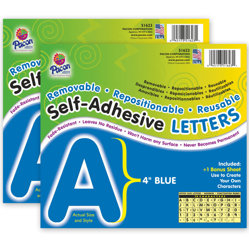 PACON - Self-Adhesive Letters, Blue, Puffy Font, 4", 78 Characters Per Pack, 2 Packs