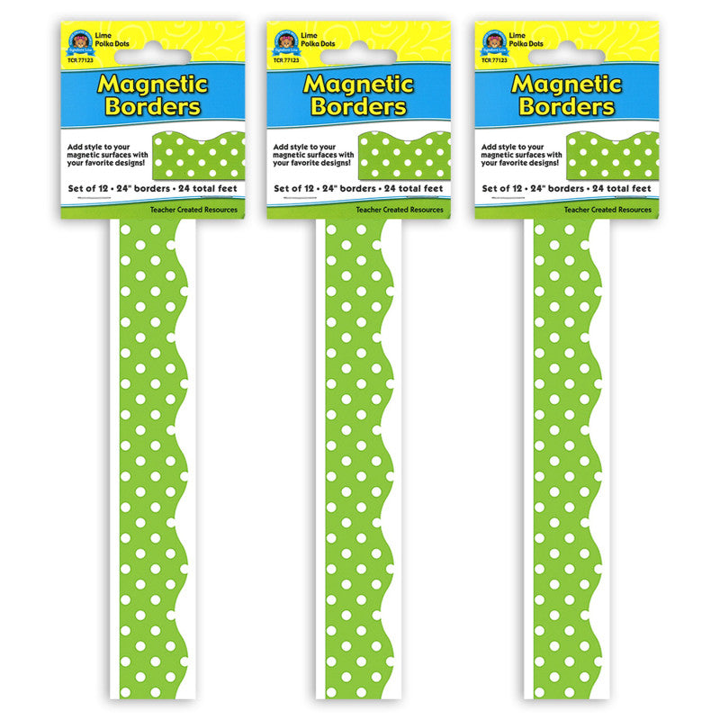 TEACHER CREATED RESOURCES - Magnetic Borders, Lime Polka Dots, 24 Feet Per Pack, 3 Packs