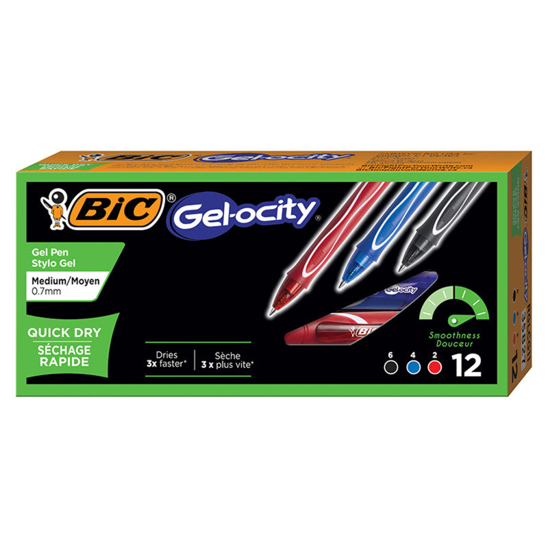 BIC - Gel-ocity® Quick Dry Retractable Gel Pens, Assorted Black, Blue and Red, Pack of 12