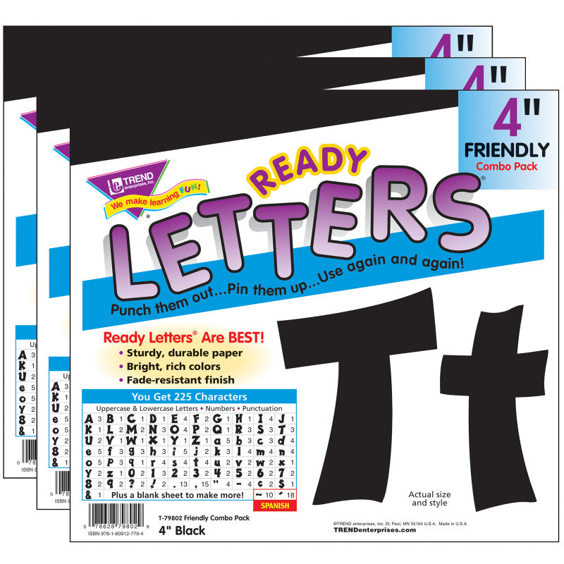TREND - Black 4" Friendly Combo Ready Letters®, 3 Packs
