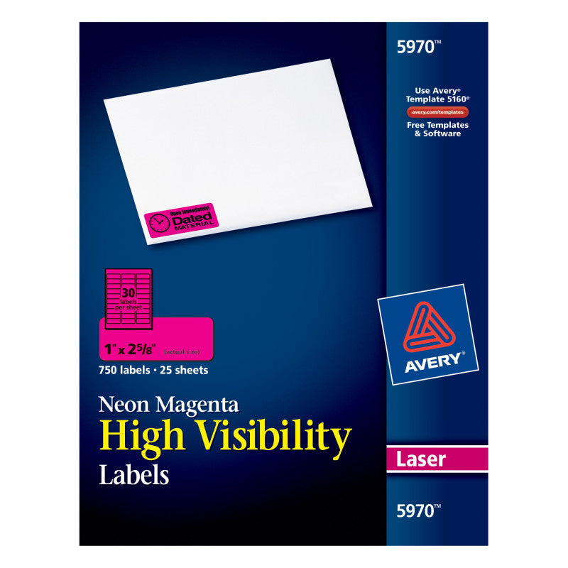 AVERY - High-Visibility Labels, Permanent Adhesive, Neon Magenta, 1" x 2-5/8", 750 Labels