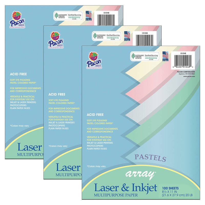 PACON - Pastel Multipurpose Paper Array, 8-1/2" x 11", 100 Sheets Per Pack, 3 Packs