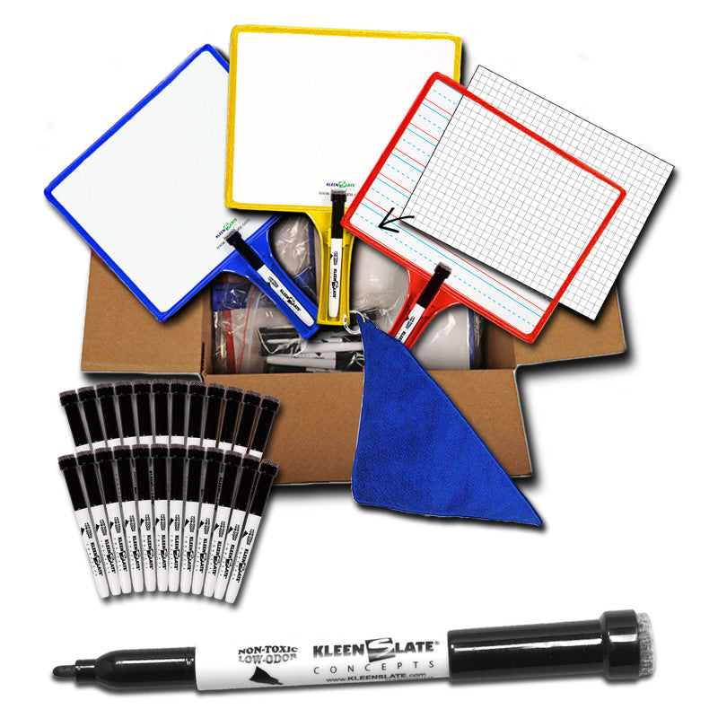 KLEENSLATE - Customizable Handheld Whiteboards with Clear Dry Erase Sleeves & Markers, Class Set of 12