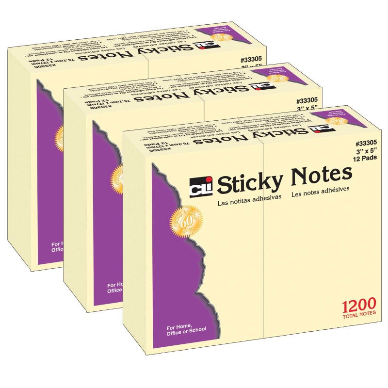 CHARLES LEONARD - Sticky Note Pads, 3" x 5" Plain, 12 Per Pack, 3 Packs