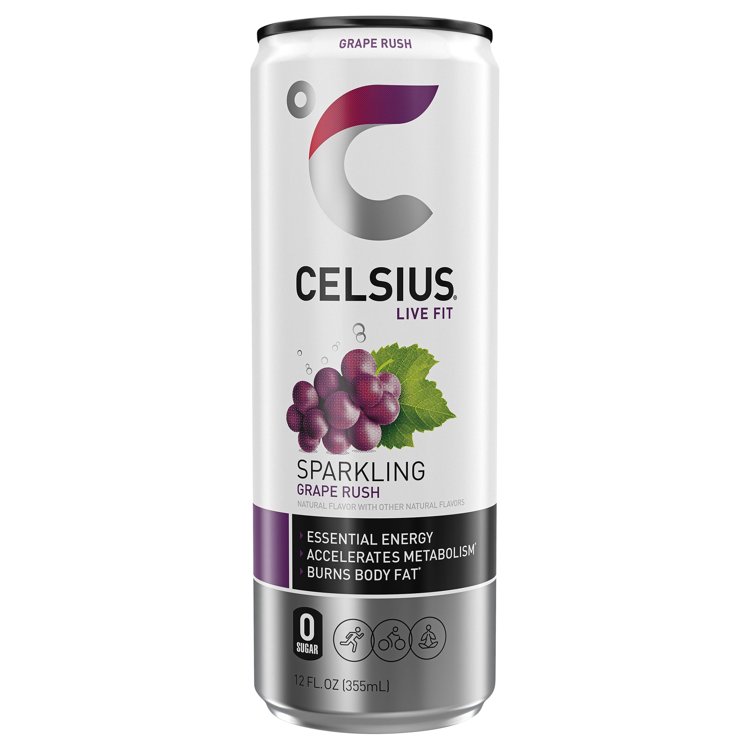 CELSIUS Sparkling Grape Rush, Functional Energy Drink 12 Fl Oz Single Can - Case of 12