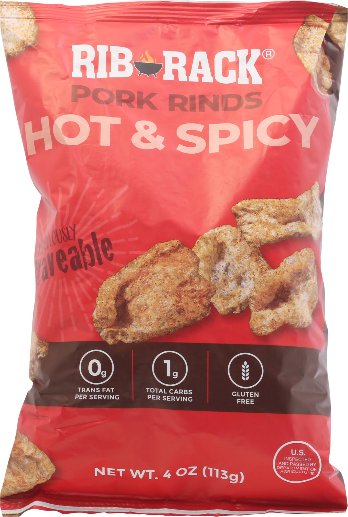 Rib Rack Hot & Spicy Pork Rinds 4 oz - Case of 6