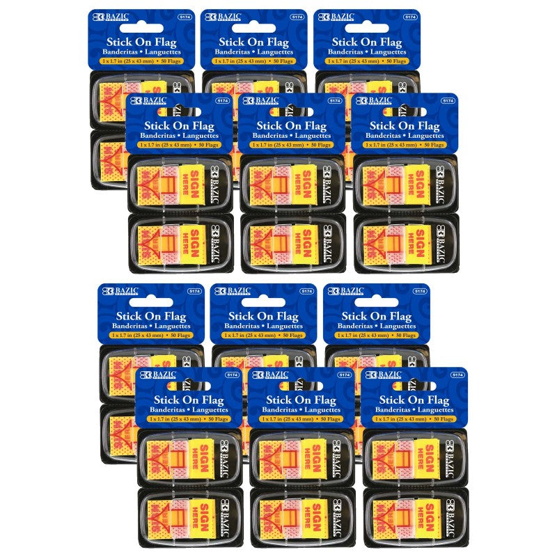 BAZIC PRODUCTS - Yellow Color Printed Sign Here Flags with Dispenser, 50 Per Pack, 12 Packs