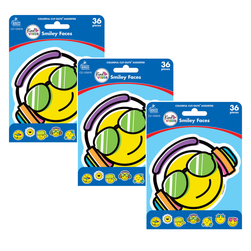 CARSON DELLOSA EDUCATION - Kind Vibes Smiley Faces Cut-Outs, 36 Per Pack, 3 Packs