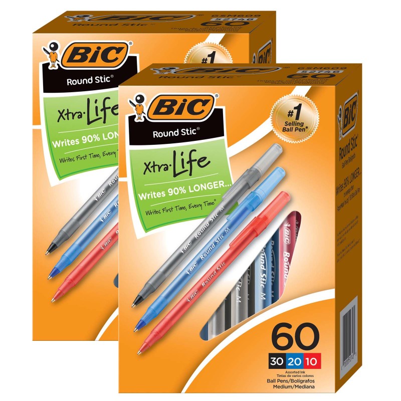 BIC - Round Stic® Xtra Life Ballpoint Pen, Medium Point (1.0mm), Assorted, 60 Per Box, 2 Boxes