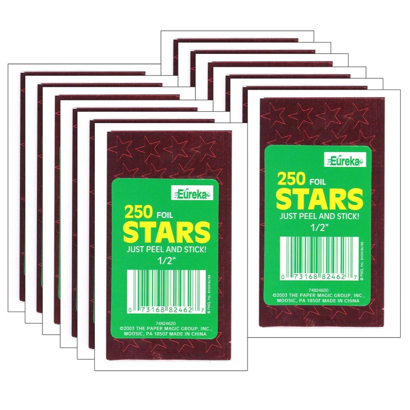 EUREKA - Presto-Stick Foil Star Stickers, 1/2", Red, 250 Per Pack, 12 Packs