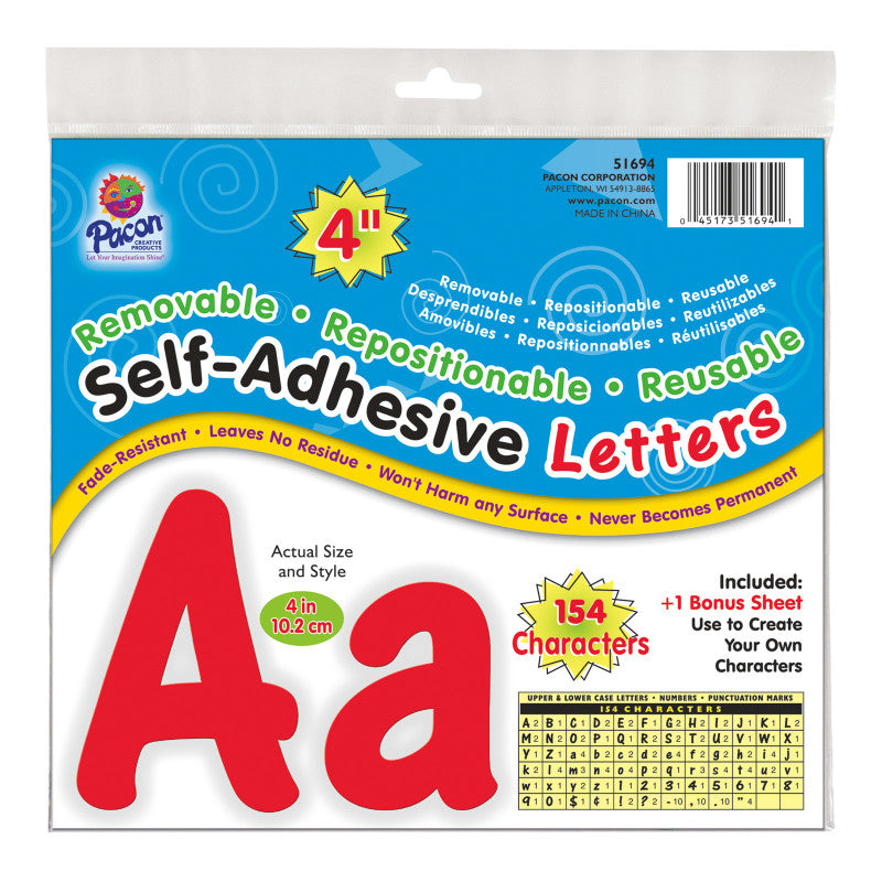 PACON - Self-Adhesive Letters, Red, Cheery Font, 4", 154 Characters