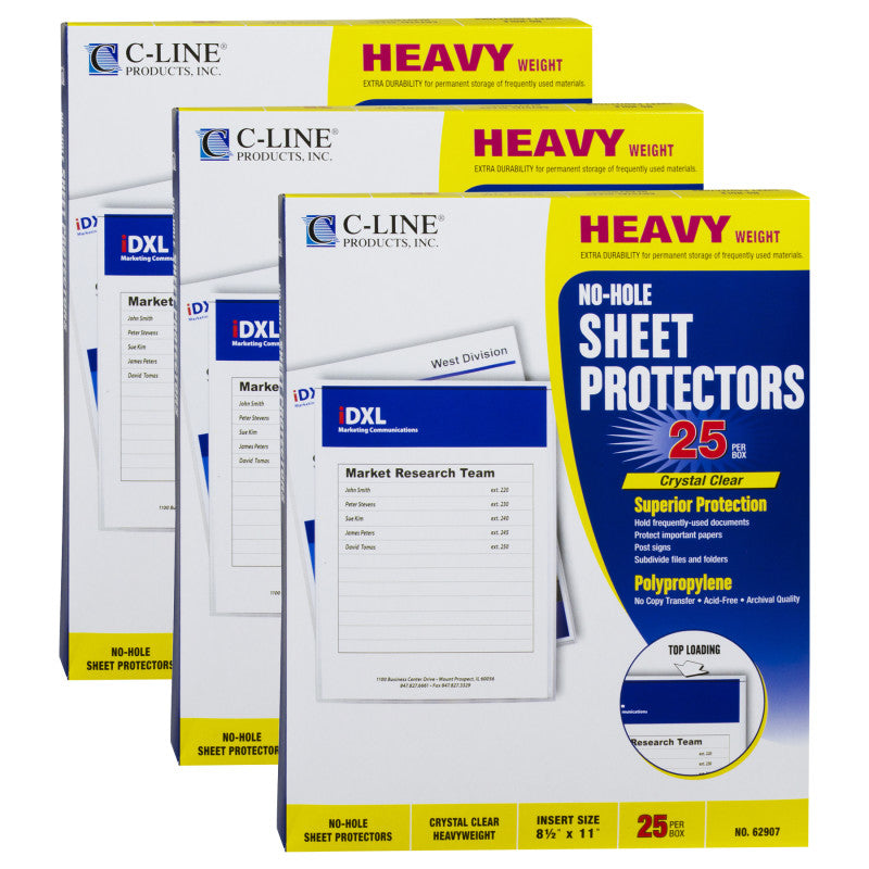 C-LINE - No-Hole Heavyweight Poly Sheet Protectors, Clear, Top Loading, 11" x 8-1/2", 25 Per Box, 3 Boxes