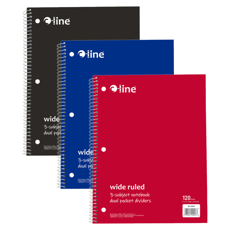 3-Subject Notebook, Wide Ruled, 120 Sheets, Assorted Colors, Pack of 3