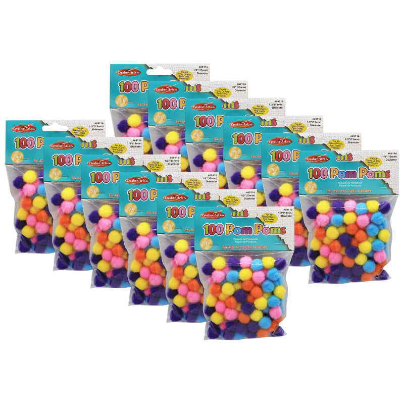 CHARLES LEONARD - Pom-Poms, 1/2", Hot Colors, 100 Per Pack, 12 Packs