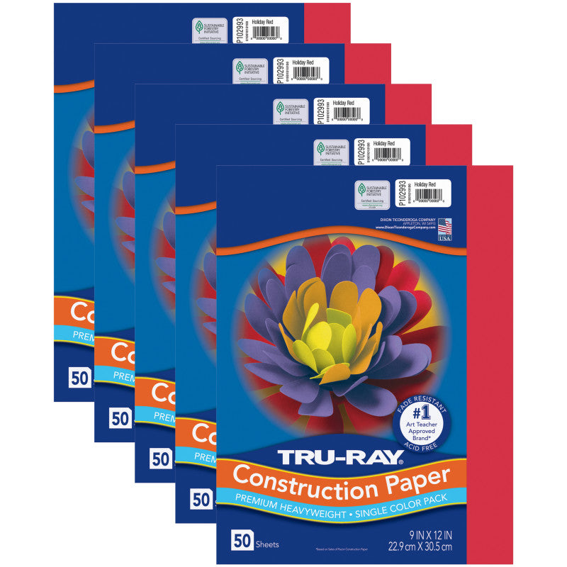 TRU-RAY - Construction Paper, Holiday Red, 9" x 12", 50 Sheets Per Pack, 5 Packs