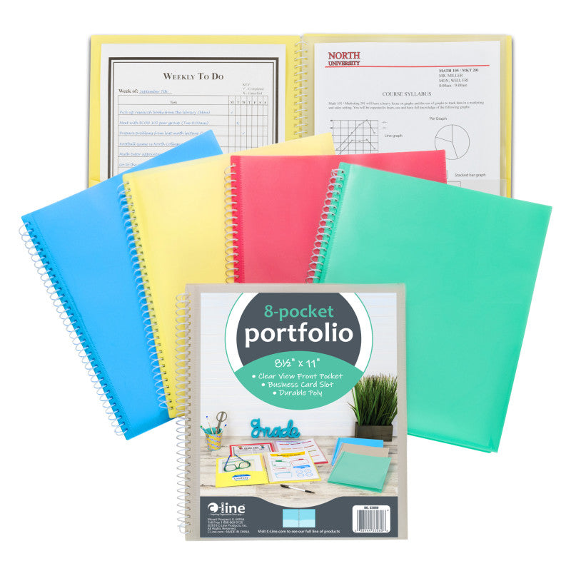 C-LINE - 8-Pocket Spiral-Bound Poly Portfolio, Pack of 6