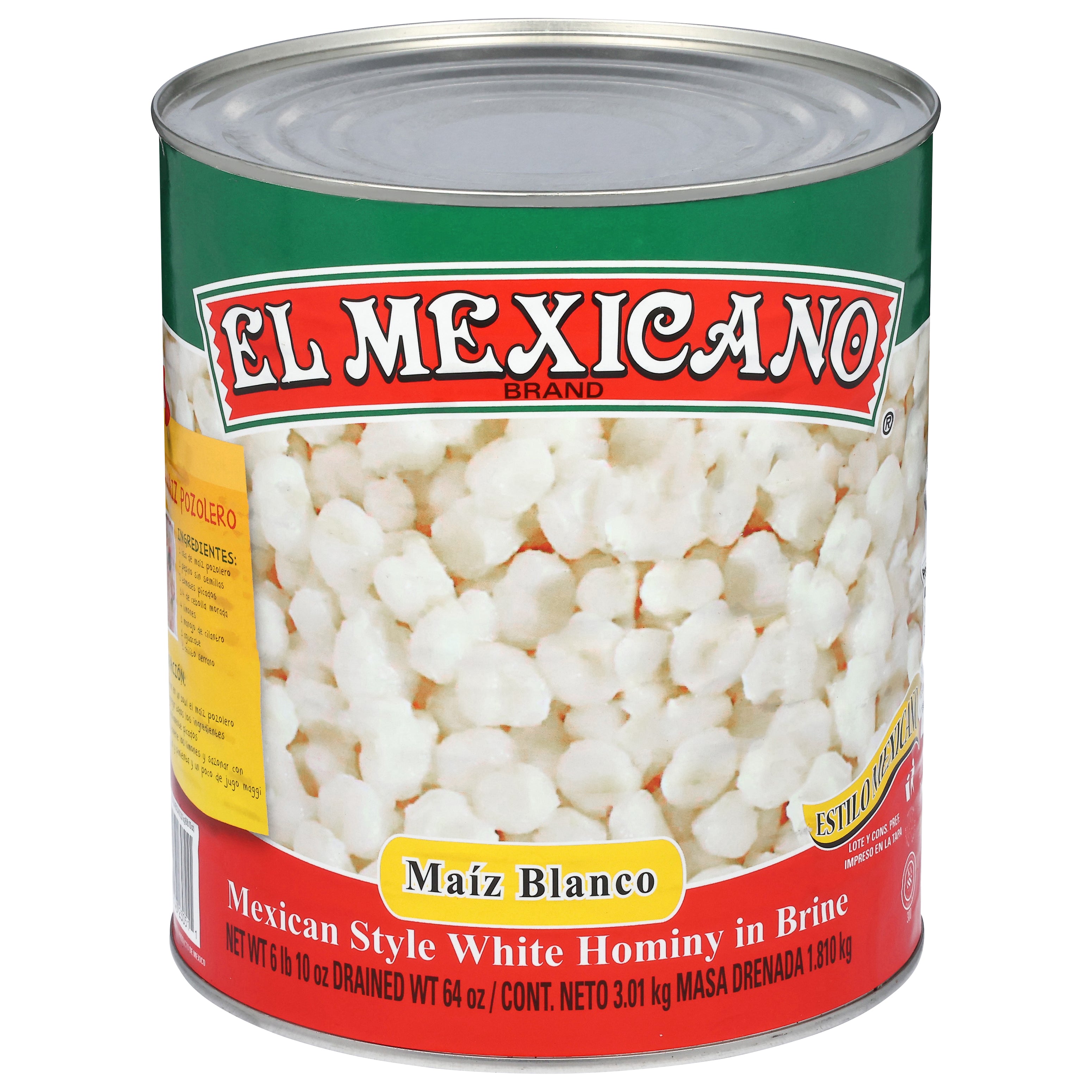 El Mexicano Mexican Style White Hominy in Brine 3.01 kg - Case of 6