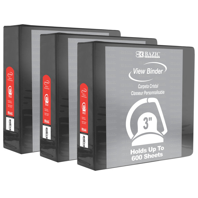 BAZIC PRODUCTS - Slant D Ring View Binder with 2 Pockets, 3", Black, Pack of 3