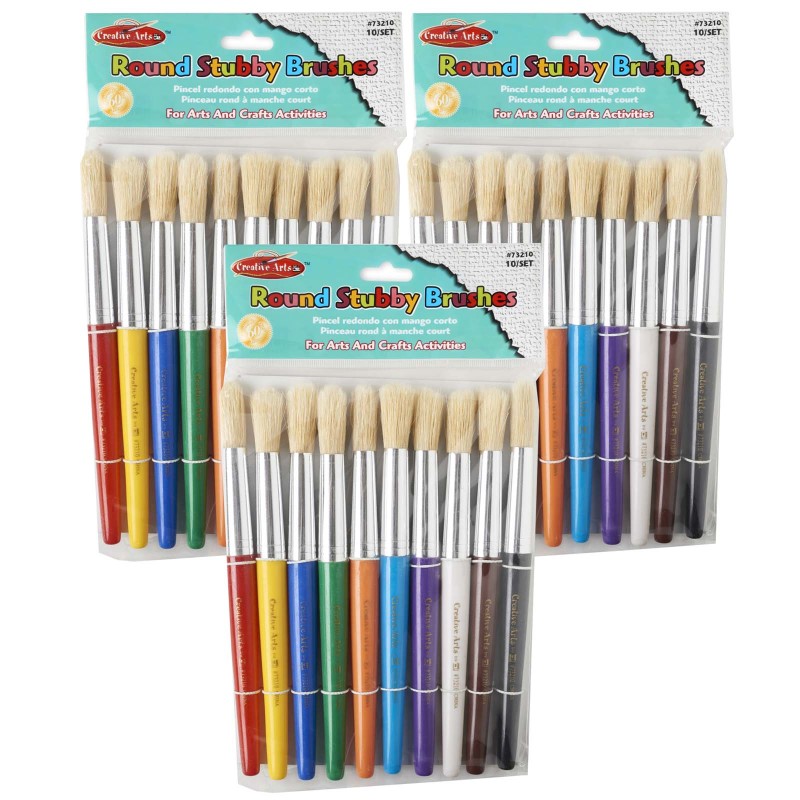 CHARLES LEONARD - Creative Arts Stubby Round Brushes, Assorted Colors, 10 Per Pack, 3 Packs