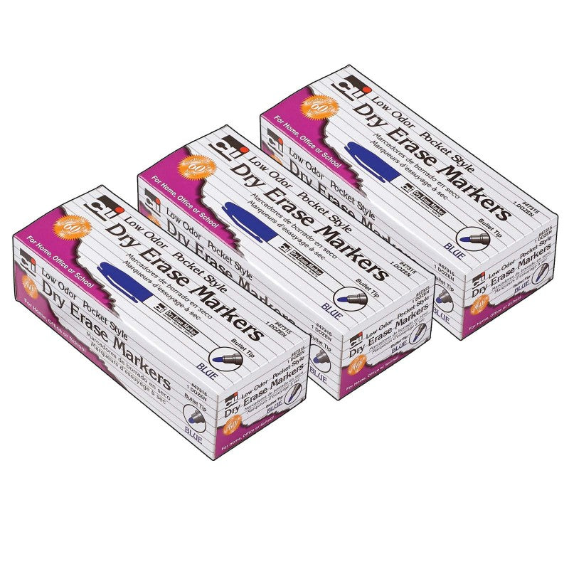 CHARLES LEONARD - Dry Erase Markers, Low Odor, Pocket Style, Bullet Tip, Blue, 12 Per Box, 3 Boxes