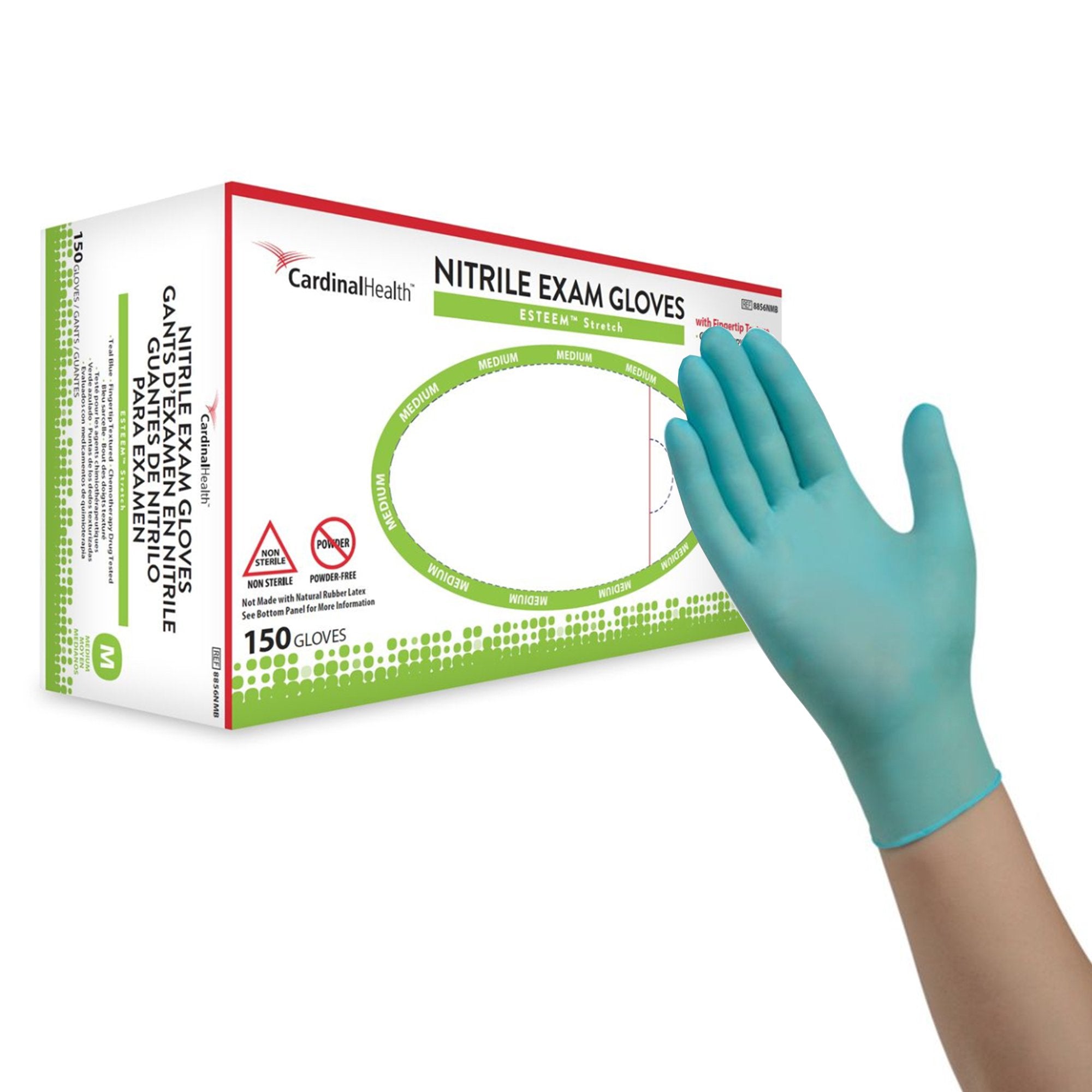 Cardinal - Exam Glove ESTEEM™ Stretch Medium NonSterile Nitrile Standard Cuff Length Textured Fingertips Teal Chemo Tested [150/BX]