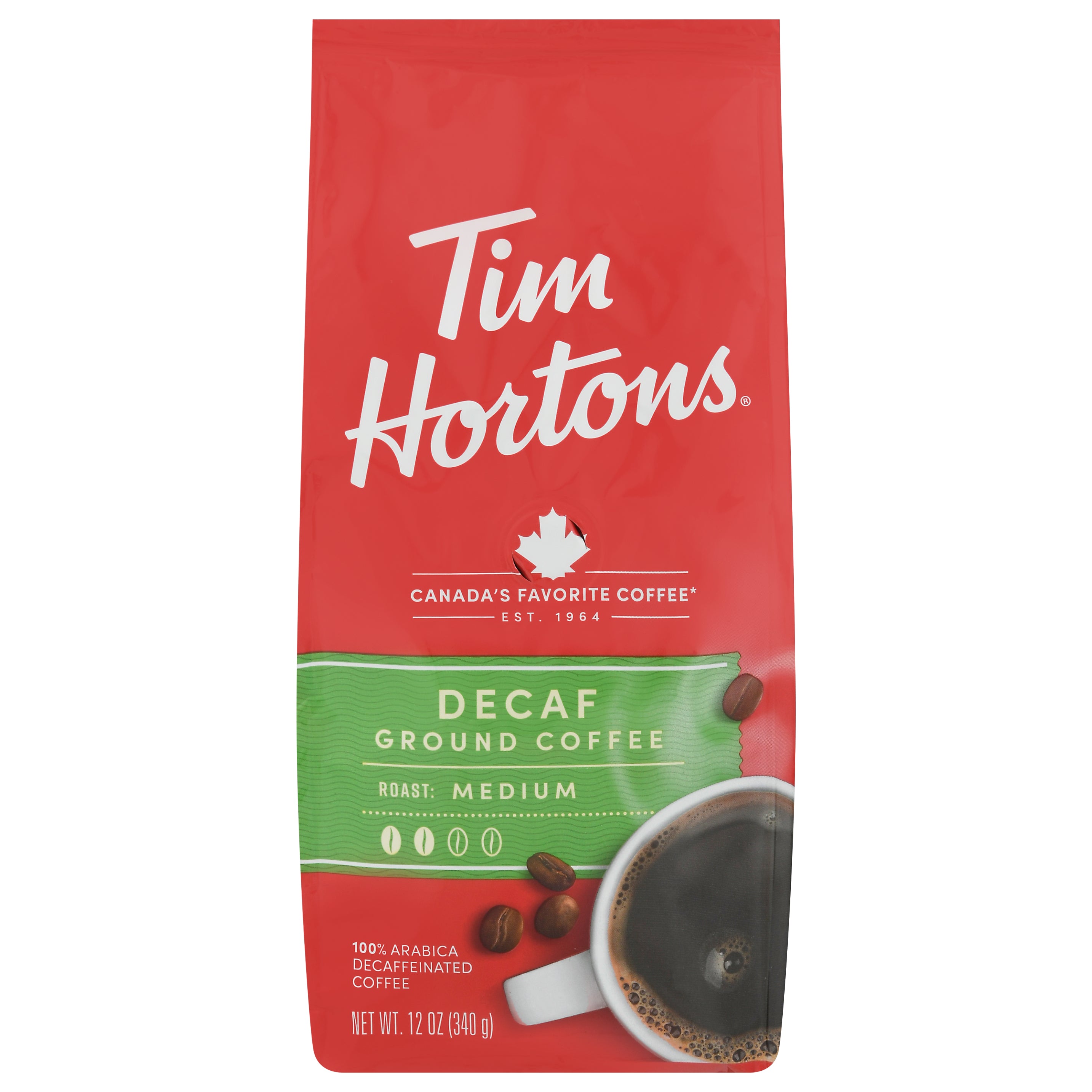 Tim Hortons Decaf Medium Roast Ground 100% Arabica Coffee 12 oz - Case of 6