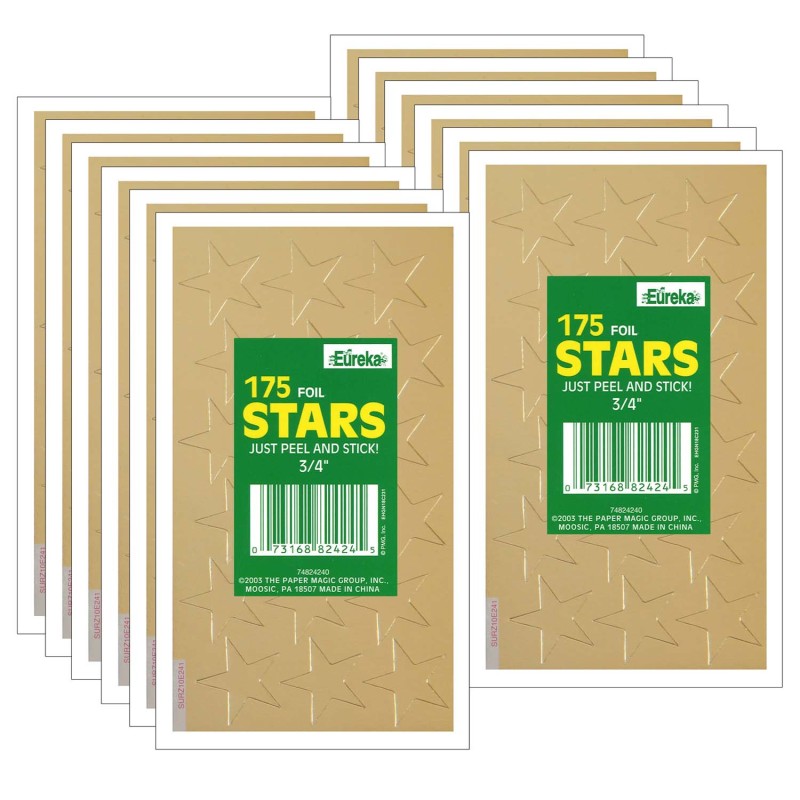 EUREKA - Presto-Stick Foil Star Stickers, 3/4", Gold, 175 Per Pack, 12 Packs