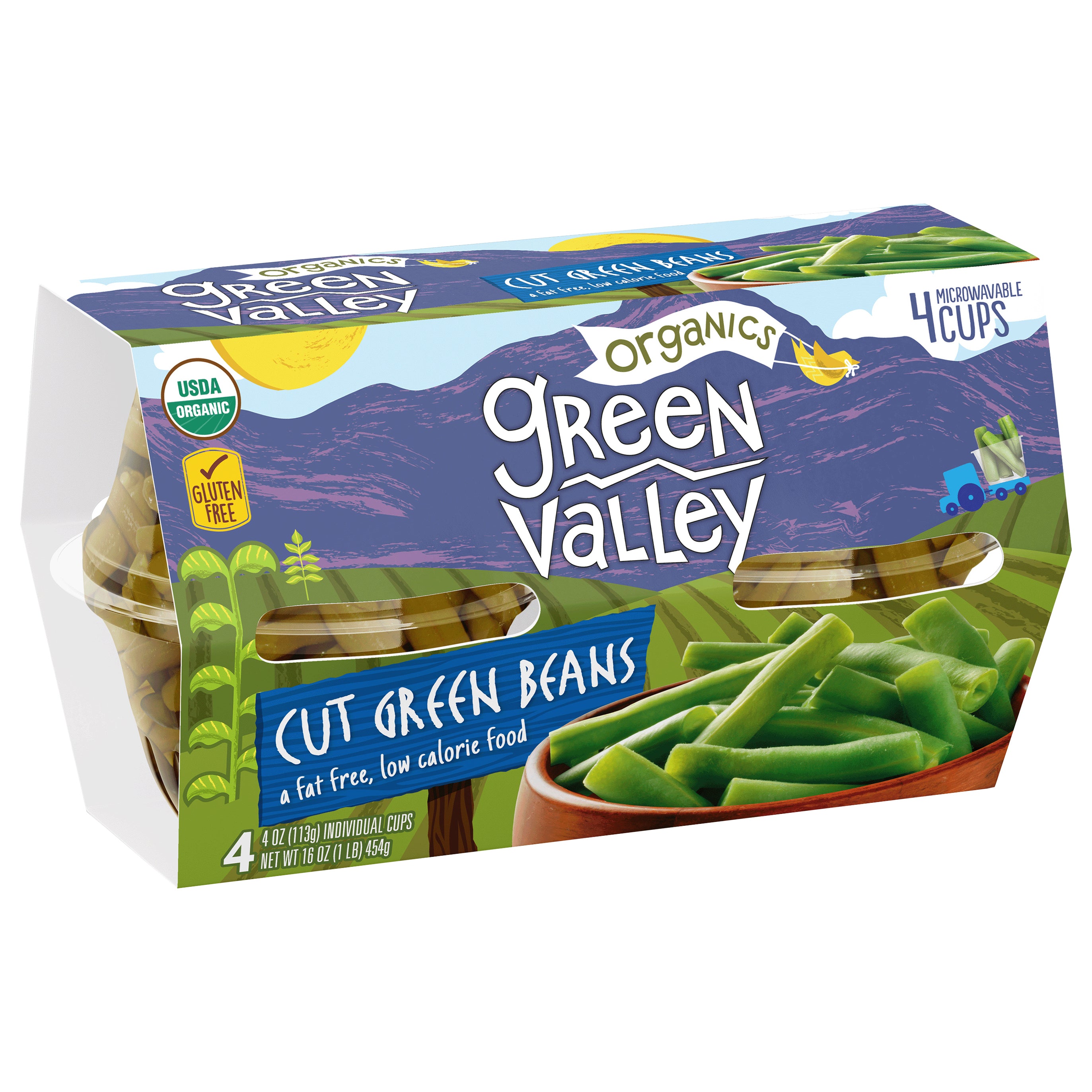 Green Valley Organics Cut Green Beans, 4 oz Cups, 4-Pack - Case of 6