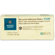 Business Source Yellow Adhesive Notes [NOTES;ADHSV;RCYC;1.5X2;12PK-PK]